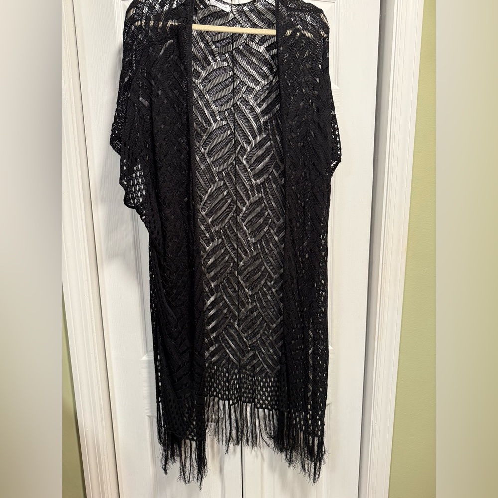 Hotouch Black Fringe Open Knit Cardigan Size 2X